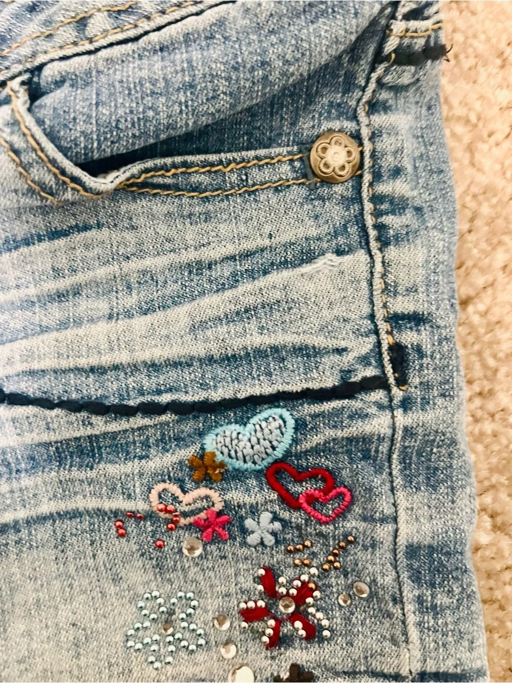 Girls' Light Blue Denim Shorts with Embroidered Hearts